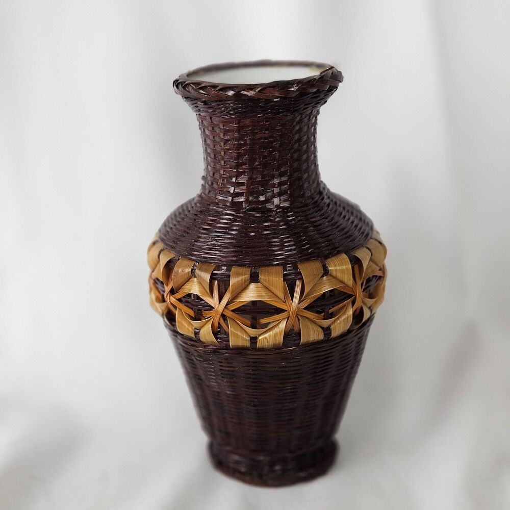 Vintage Japenese Woven Bamboo Ikebana Vase With Porcelain Insert 6.5” Height